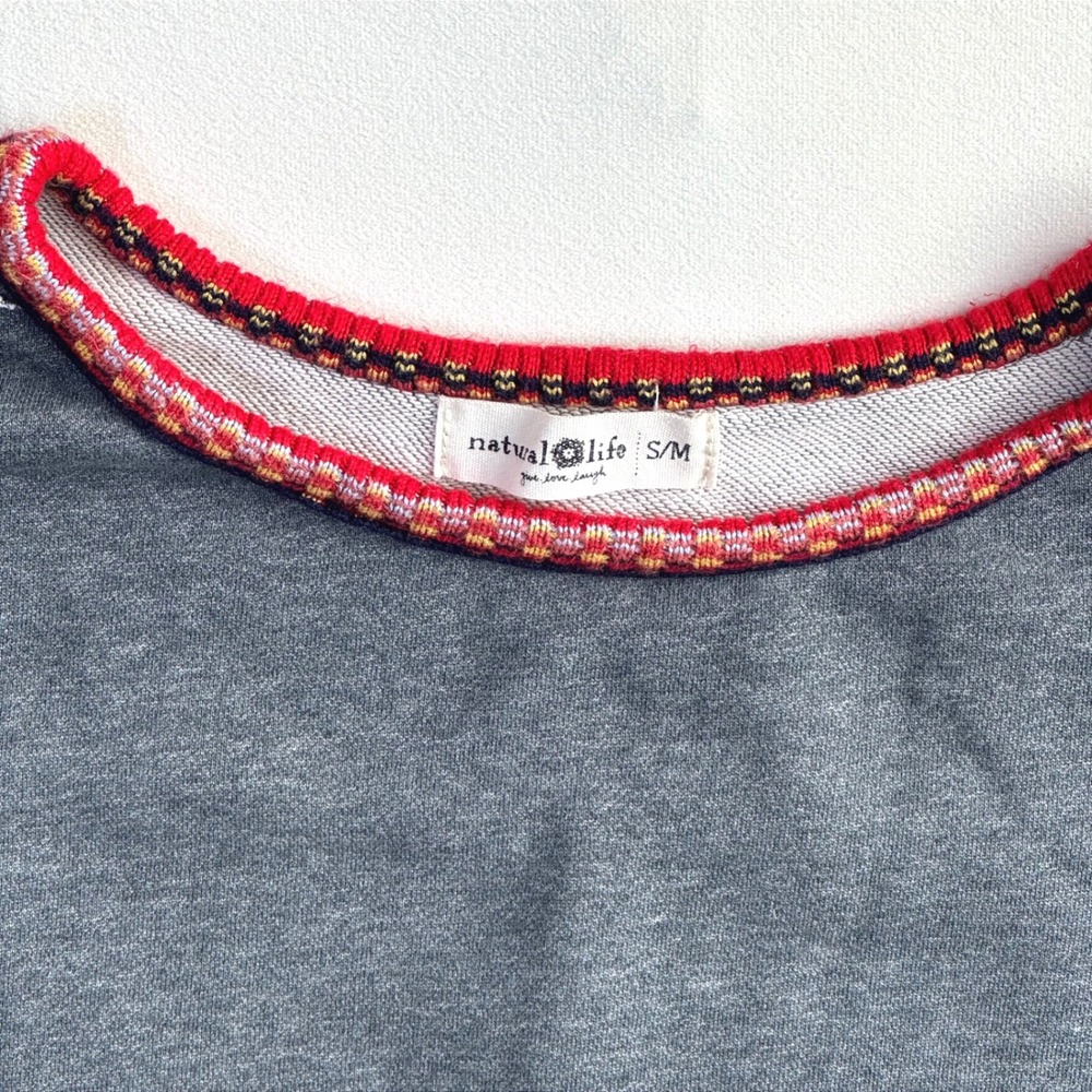 Natural Life Gray Knit Trim Sweater SM Boho oversized cozy Pullover cotton blend - Picture 3 of 11